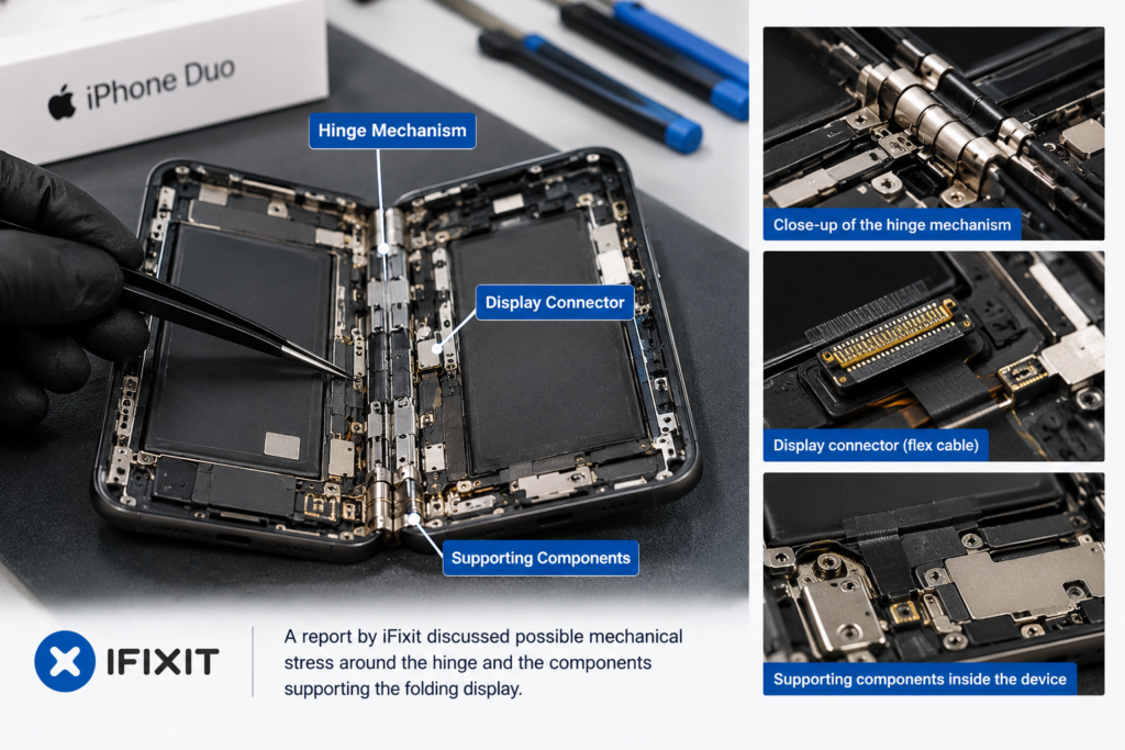 Apple Illustrative view of a foldable smartphone hinge, display connector and internal components.
