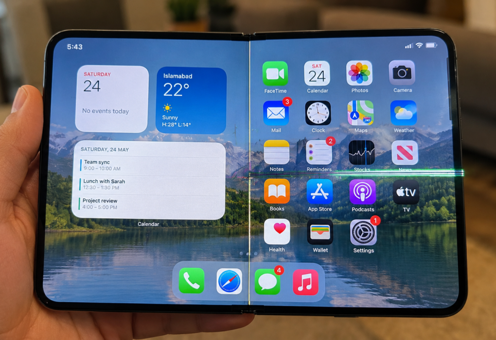 iPhone Duo foldable smartphone opened to show its inner display.