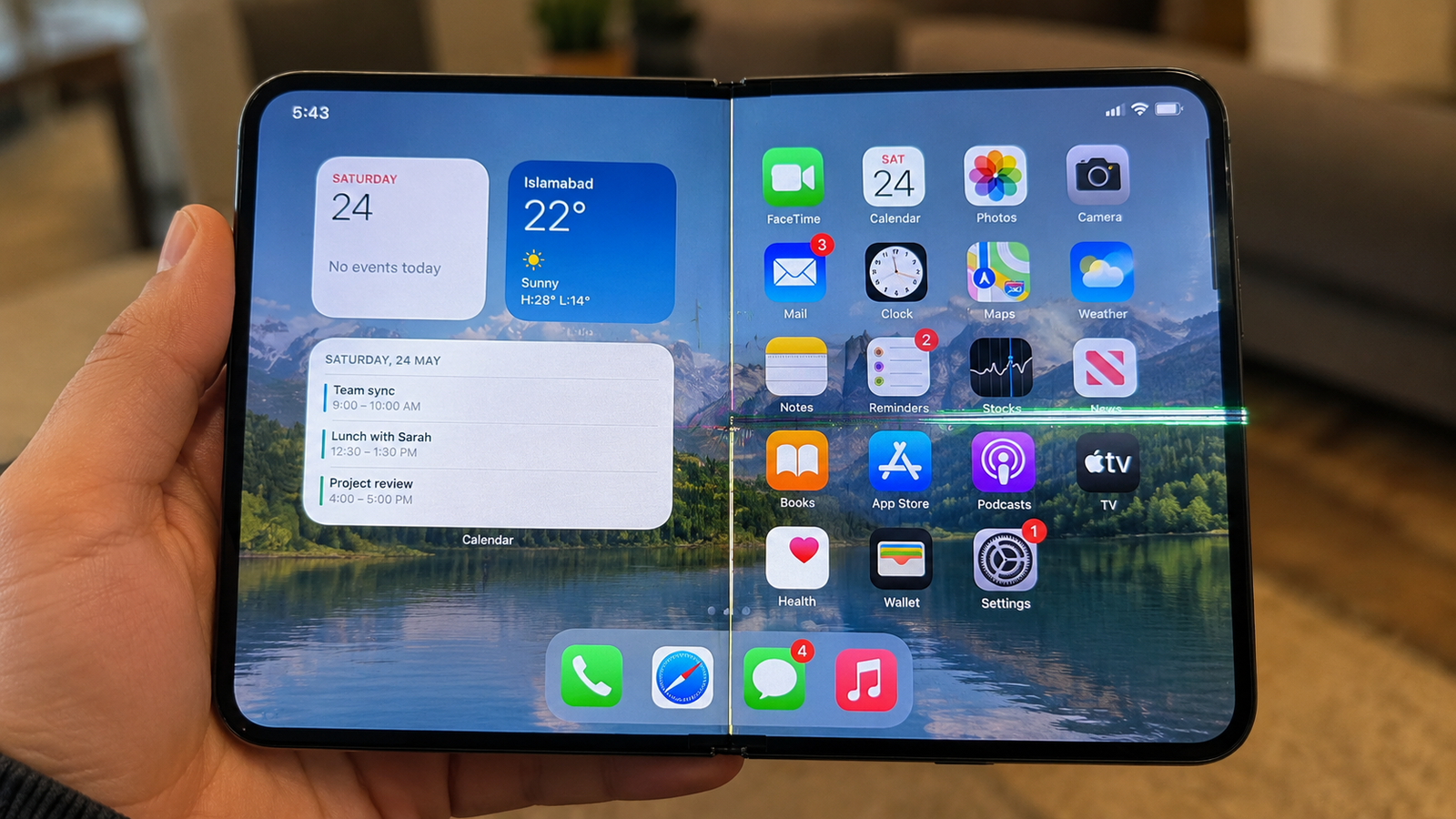 iPhone Duo foldable smartphone opened to show its inner display.