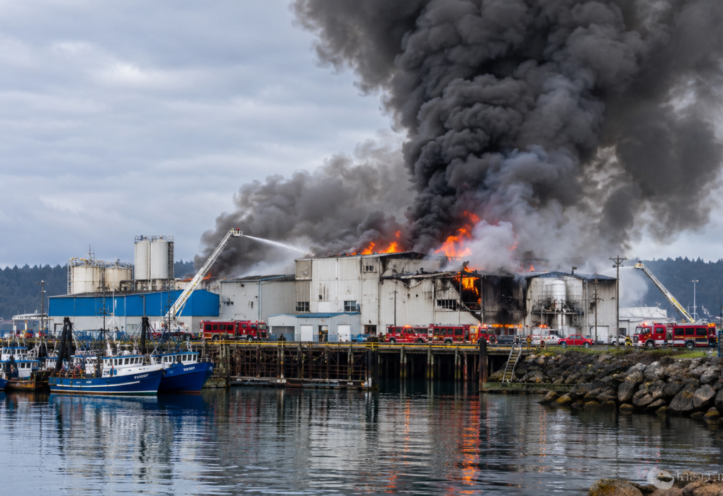 Illustration of Oregon seafood plant fire in Newport with thick smoke rising above an industrial waterfront facility