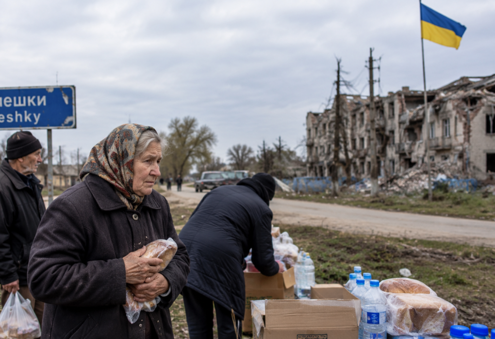 Ukrainian civilians leaving war-damaged Oleshky amid a humanitarian crisis
