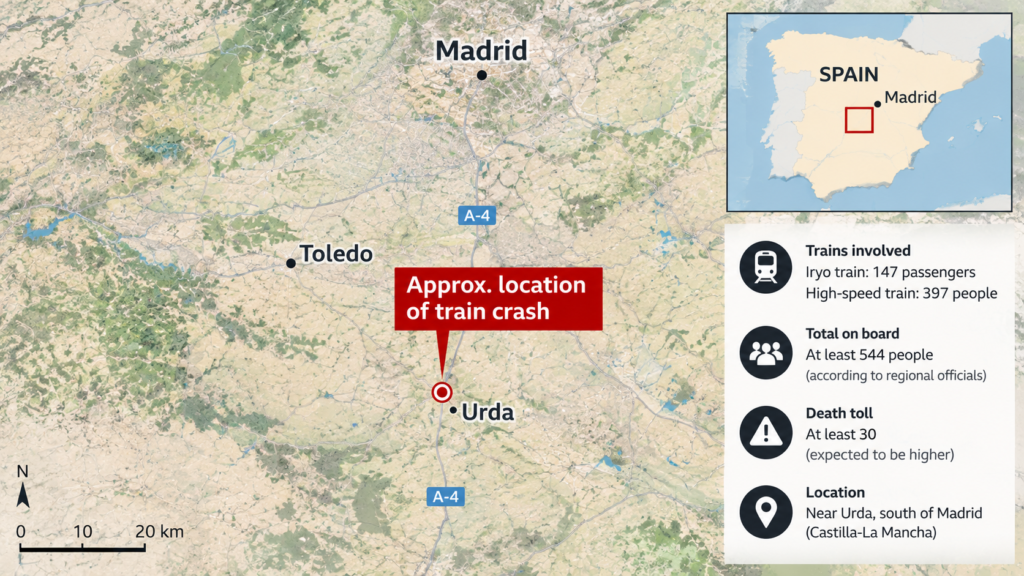 Map showing the approximate location of the train crash near Urda, south of Madrid, Spain.
